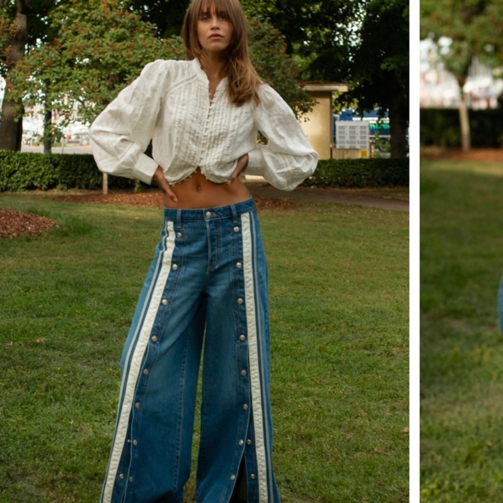 Free People We The Free Finish Line Wide Leg Jeans Striped
Snap Wide Denim Retro